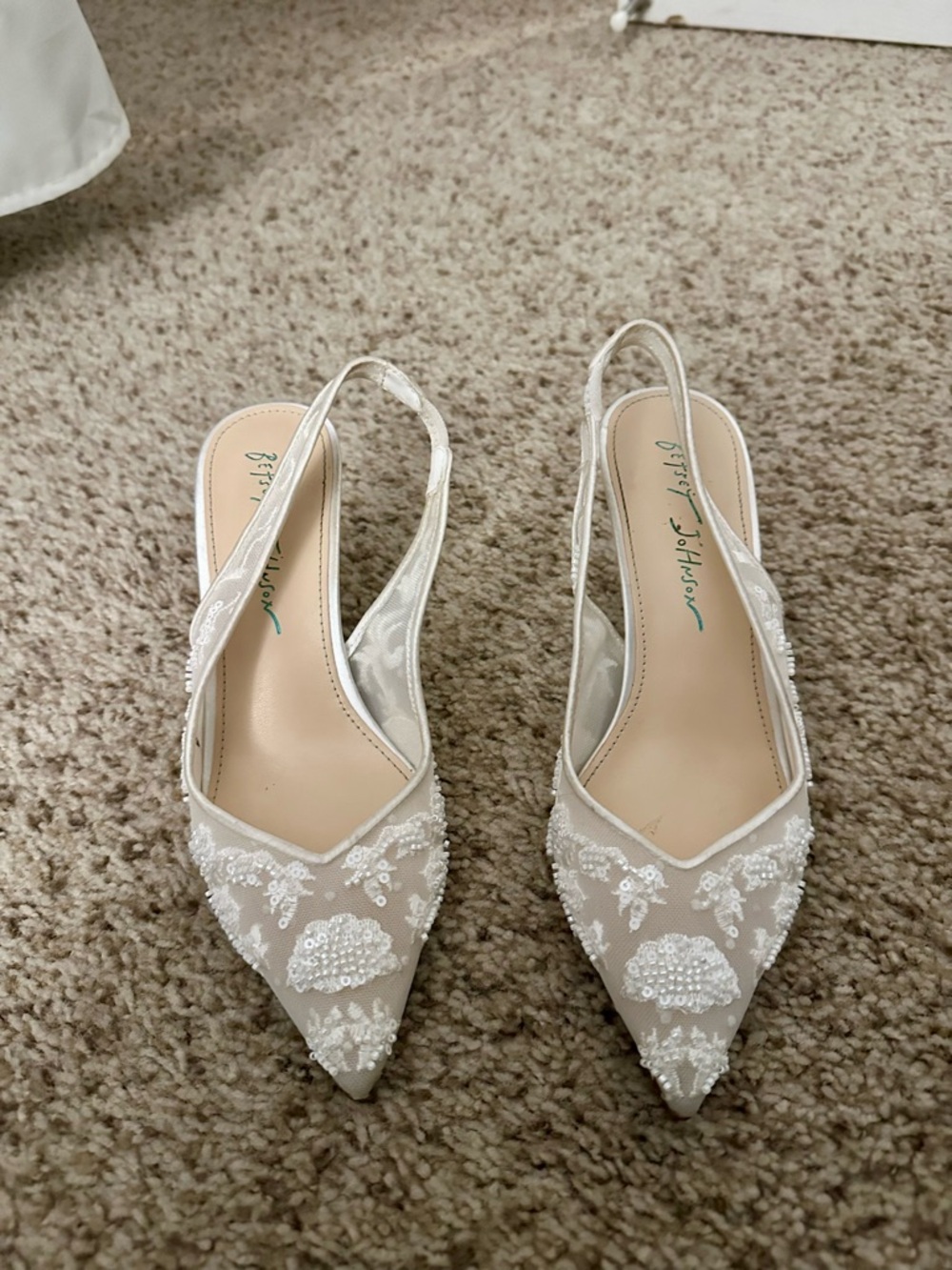 Betsey Johnson White Beaded Pointed Toe Slingback Heels
